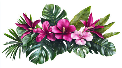 Exotic arrangement of hibiscus, magnolia, and monstera leaves create a vibrant tropical display, perfect for adding a touch of summer to any design project.