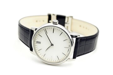 Sleek, round wristwatch with a black leather band.