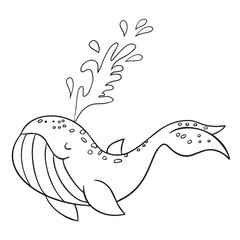 Vector illustration of children's coloring pages sea animals. Cute whale with a fountain smiling cartoon sea animal. Simple funny kid's drawing. Black lines, sketch on a white background.