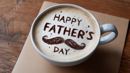 A warm "Happy Father's Day" love note on cappuccino foam, displayed on a coffee table with ample space for a personal message, perfect for Father's Day marketing or personalized greeting cards.