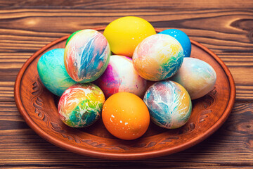 Beautiful tie-dye Easter eggs on a plate on a wooden table