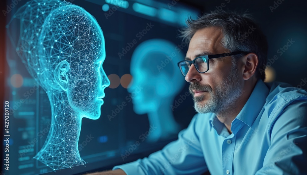 Fototapete Man interacts with AI interface. Digital human, futuristic tech concept. Artificial intelligence innovation, machine learning tech. Modern cyberspace, neural network. AI deep learning, data analysis.