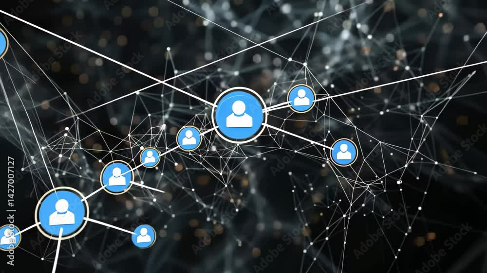 Poster a digital background featuring a complex network of interconnected dots and lines, illustrating a fu