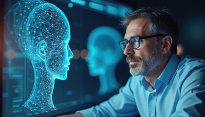 Man interacts with AI interface. Digital human, futuristic tech concept. Artificial intelligence innovation, machine learning tech. Modern cyberspace, neural network. AI deep learning, data analysis.