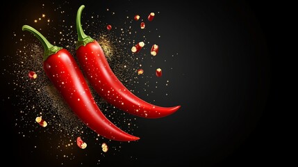 Dynamic freeze motion of flying two 2 chili peppers on a black background