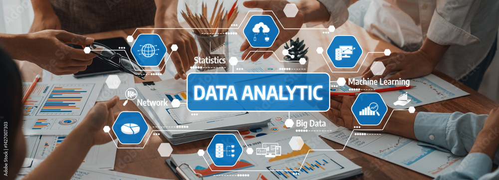 Fototapete Analyst team utilizing BI Fintech to analyze and pointing at financial dashboard paper office. Businesspeople examining report paper on table for business insight. Panorama shot. Scrutinize Amity