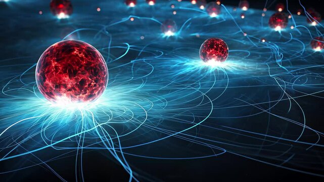 Charged particles in motion creating dynamic energy fields in a cosmic environment with vibrant colors and intricate patterns representing electromagnetic interactions