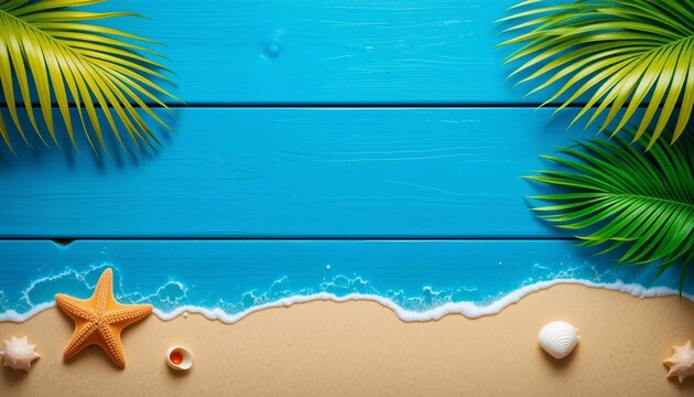 Cool summer beach and blue wood background image, starfish, conch, tropical leaf banner texture advertisement poster