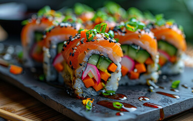 Fototapeta premium Colorful veggie sushi roll with avocado, carrot, and soy sauce drizzle—ideal for healthy eating, Japanese cuisine, and plant-based food-themed stock photography.