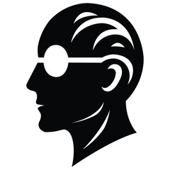 A black and white silhouette of a man's face and head with glasses, sunglass Head Silhouette Icon, vector silhouette Clipart design