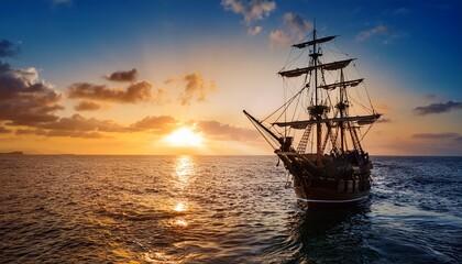 sailing ship with sunset