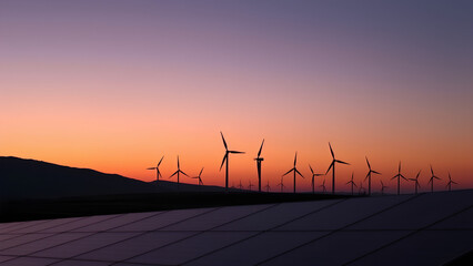 Naklejka premium Solar Panels and Wind Turbines at Colorful Sunset