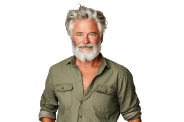 Mature Man with Gray Hair and Beard in Green Shirt
