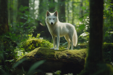 White Wolf Standing Tall on Mossy Log, Forest Backdrop, Natural Light, Serene Wildlife