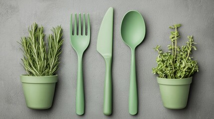 Eco-friendly kitchen tools featuring green utensils and herbs in modern home setup