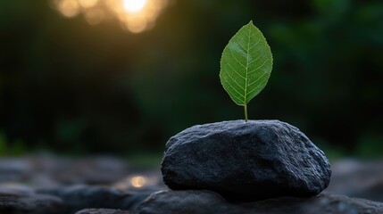 A single vibrant green leaf sprouts from a dark stone