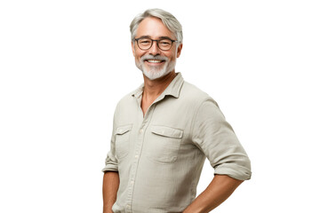 Smiling Senior Man in Casual Shirt on White Background