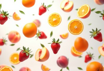 Naklejka premium vibrant floating fruit composition colorful arrangement clean white backdrop still life art visuals, background, texture, variety, peel, vibrance, citrus