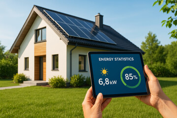 Hand holding tablet with energy data in front of modern house with solar panels on a sunny day.