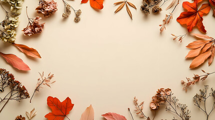 Autumnal Frame Of Dried Leaves And Flowers On Beige Background