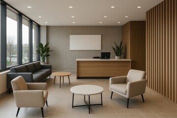 Modern office waiting area design.