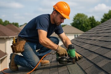 Professional roofer using nail gun.