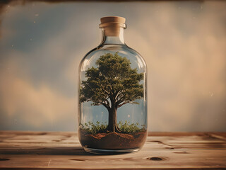  A miniature tree growing inside a clear glass bottle. 