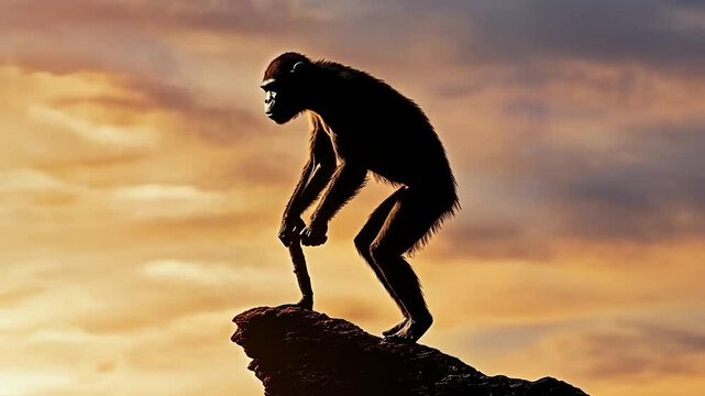 Silhouette of a primate standing on a rocky outcrop at sunset, symbolizing evolution and nature