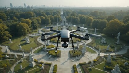 Drone Aerial View: Serene Formal Gardens with Statues