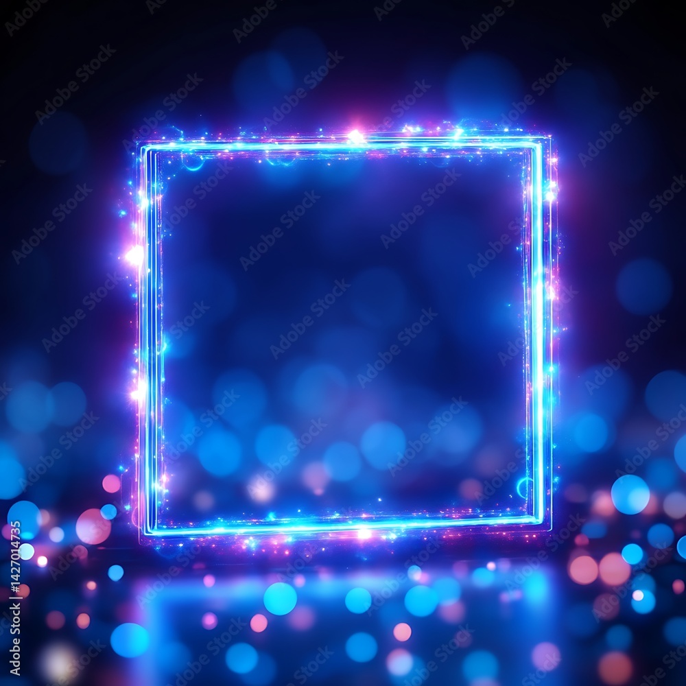 Wall mural a luminous neon square with glowing bokeh background is centered