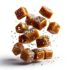 Falling caramel candies with salt on white background