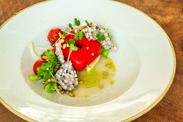 Modern appetizer with red mousse, seeds, and microgreens
