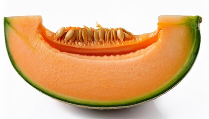 cut slice of melon fruit fully ripe has orange flesh and juicy sweet inside with many seeds isolated on white background