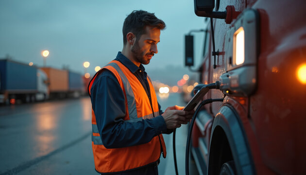 Mechanic works on electric vehicle charger in truck stop parking lot, morning. Man in high vis vest uses tablet device, checks EV charging status. Electric car tech in transport industry.