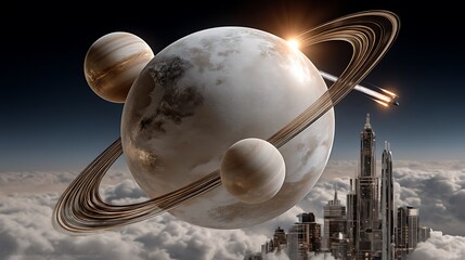 Futuristic city, planets, and spaceship