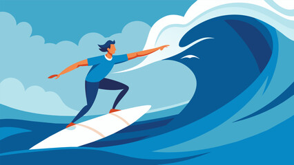 Arms outstretched and eyes focused ahead the surfer races towards the crest of a looming wall of water.. Vector illustration
