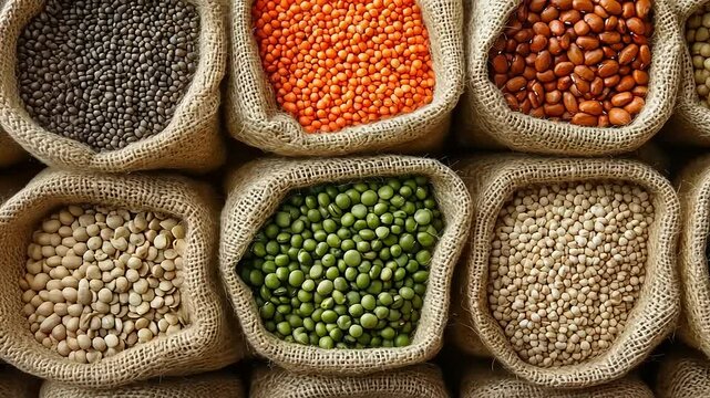 Assortment of Legumes, Lentils and Beans in Burlap Sacks, A Staple of Global Cuisine