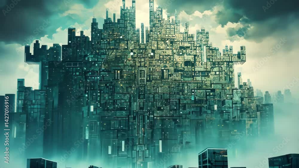 Poster an abstract representation of a secure digital fort rises in a futuristic landscape with towering st