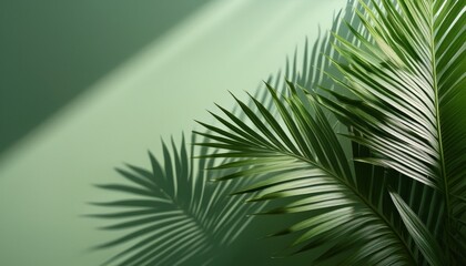 Fototapeta premium palm leaves cast shadows on a sage green wall creating a serene and minimalist scene