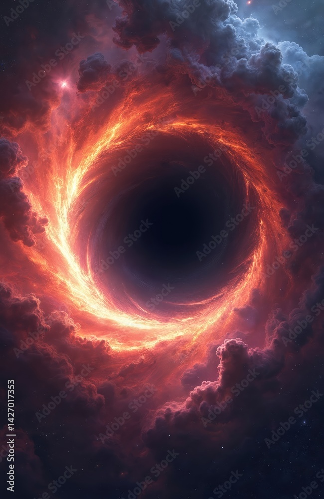 Fototapete Illustration black hole vortex. Cosmic dynamics with nebula clouds. Outer space environment. Energy flow with bright red flames. Dark matter universe concept with nebulae.