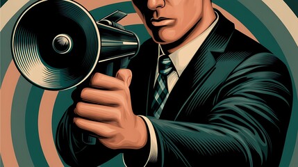 Man in suit holds megaphone