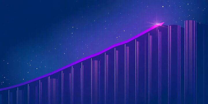 A purple arrow pointing upwards over graph bars against a starry dark blue background design