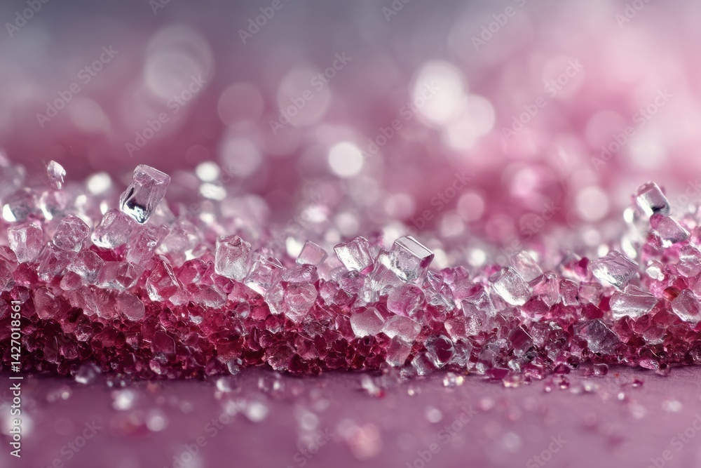 Poster Sparkling Sugar Crystals Glisten on a Vibrant Pink Surface, Creating a Mesmerizing Visual of Color and Texture