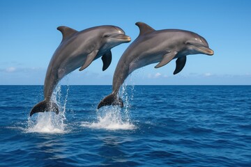 Naklejka premium Dolphins leaping ocean joyfully.