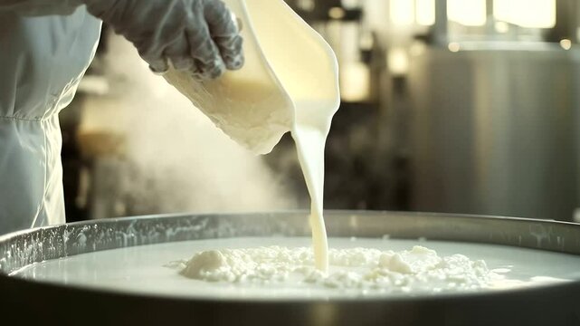 dairy artisan pours liquid rennet into a massive steel tank of milk, beginning the curdling stage in a modern cheese factory