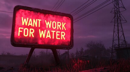 Dystopian billboard message for water jobs post-apocalyptic wasteland urban environment nighttime viewpoint