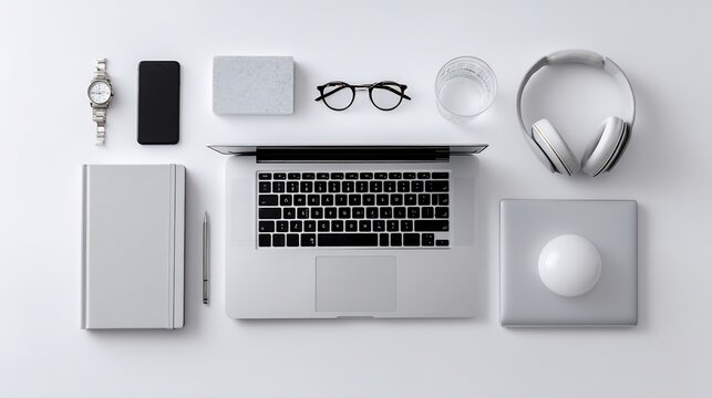 Monochromatic workspace essentials organized on a white surface reflecting minimalism