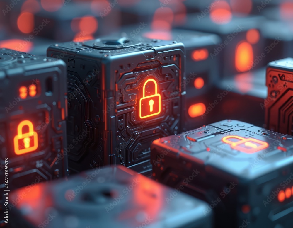 Aufkleber futuristic storage boxes with glowing locks in high-tech environment. cyber security, digital safety