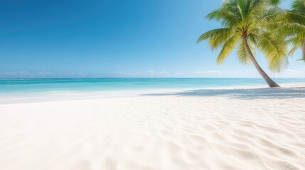 Tropical Beach Palm Trees Bright Style High-Resolution Wide Landscape View Soft Sand Relaxing Scene Ocean Background Vivid Sunny Tones Perfect for Travel Ads