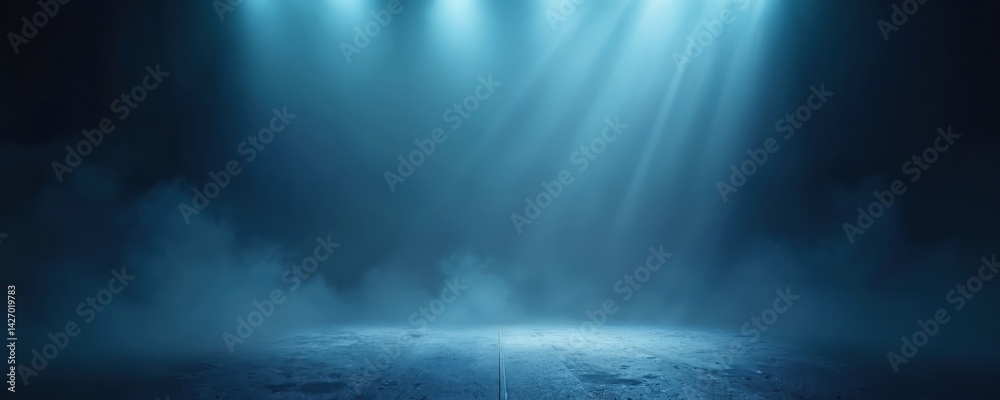 Leinwandbilder abstract blue light rays illuminate foggy dark space with spotlight on empty asphalt floor. scene cr